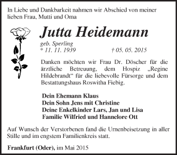Traueranzeige von  Jutta Heidemann  von Märkische Oderzeitung