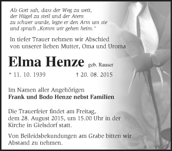 Traueranzeige von Elma Henze von Märkische Oderzeitung