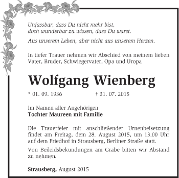 Traueranzeige von Wolfgang Wienberg von Märkische Oderzeitung