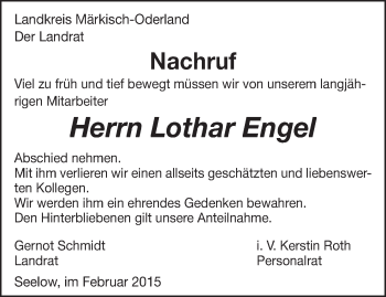 Traueranzeige von Lothar Engel von Märkische Oderzeitung