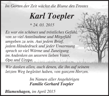 Traueranzeige von Karl Toepler von Märkische Oderzeitung