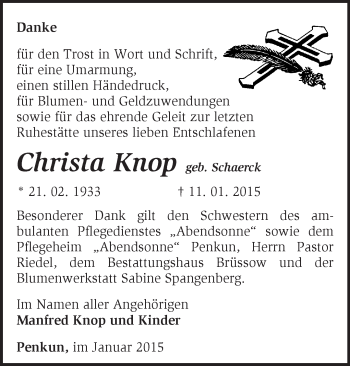 Traueranzeige von Christa Knop von Märkische Oderzeitung