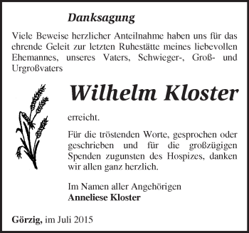 Traueranzeige von Wilhelm Kloster von Märkische Oderzeitung