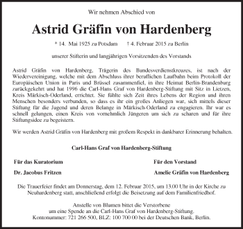 Traueranzeige von Astrid Gräfin  von Hardenberg von Märkische Oderzeitung