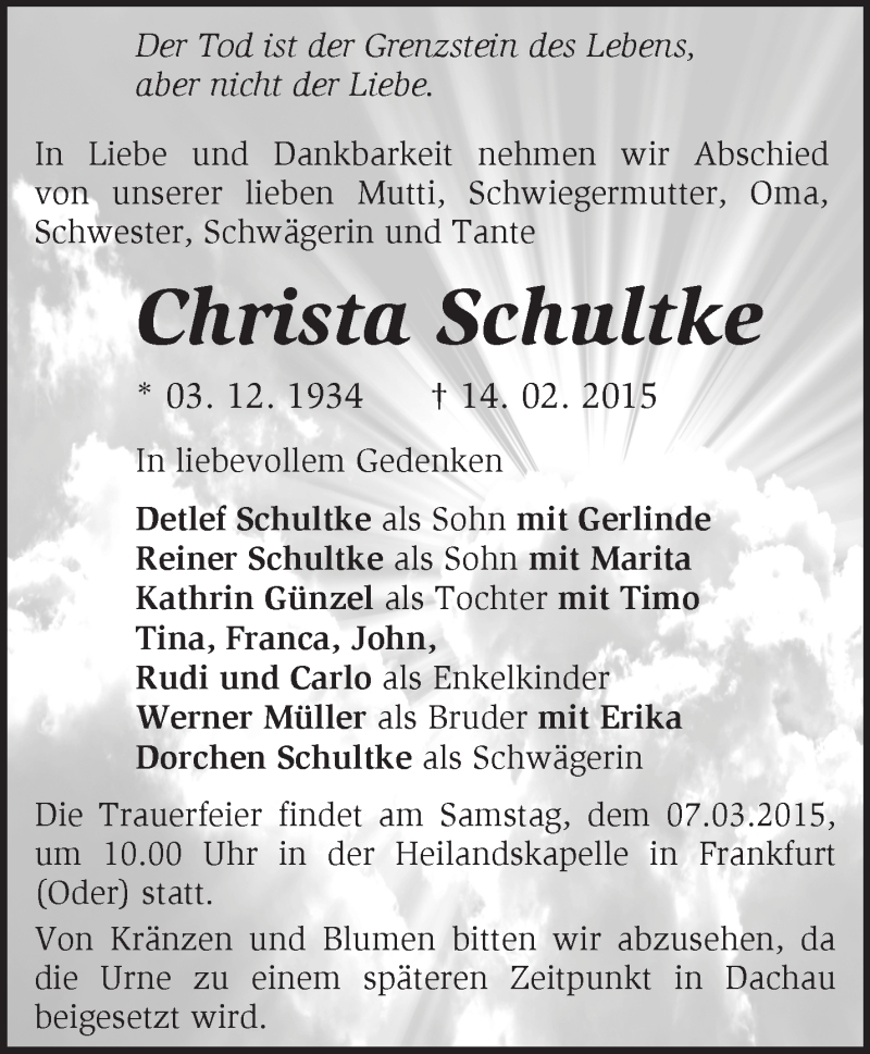  Traueranzeige für Christa Schultke vom 28.02.2015 aus Märkische Oderzeitung