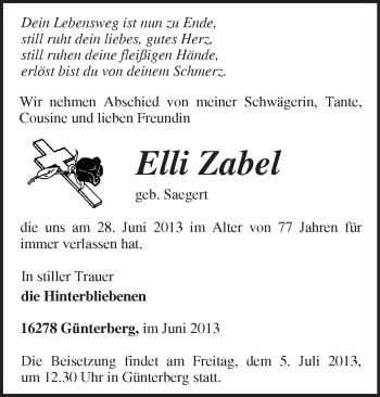 Traueranzeige von Elli Zabel von Märkische Oderzeitung