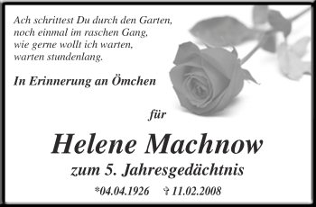 Traueranzeige von Helene Machnow von Märkische Oderzeitung