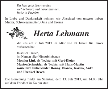 Traueranzeige von Herta Lehmann von Märkische Oderzeitung