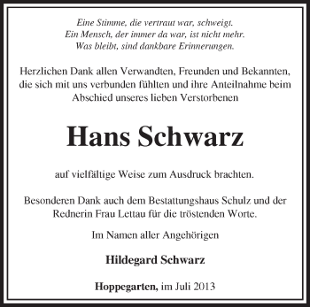 Traueranzeige von Hans Schwarz von Märkische Oderzeitung