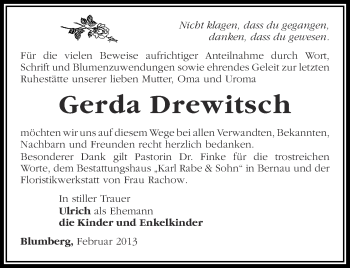 Traueranzeige von Gerda Drewitsch von Märkische Oderzeitung