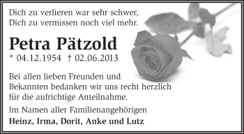 Traueranzeige von Petra Pätzold von Märkische Oderzeitung