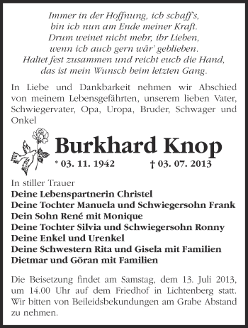 Traueranzeige von Burkhard Knop von Märkische Oderzeitung