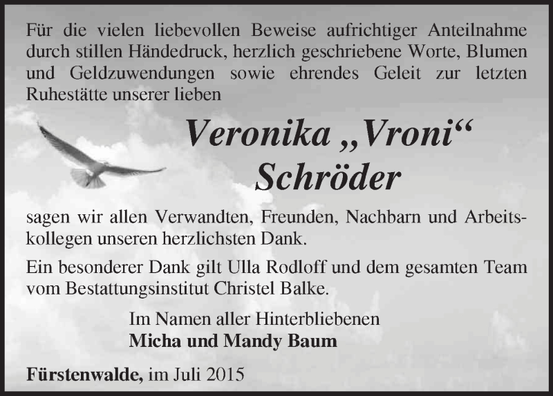  Traueranzeige für Veronika Schröder vom 18.07.2015 aus Märkische Oderzeitung