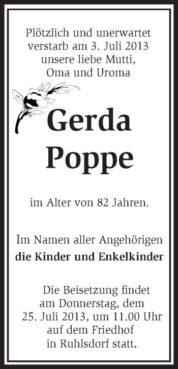 Traueranzeige von Gerda Poppe von Märkische Oderzeitung