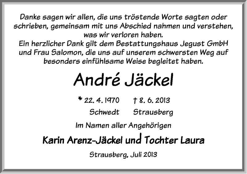 Traueranzeige für André Jäckel vom 10.07.2013 aus Märkische Oderzeitung