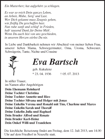 Traueranzeige von Eva Bartsch von Märkische Oderzeitung