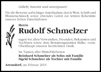 Traueranzeige von Rudolf Schmelzer von Märkische Oderzeitung