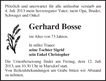 Traueranzeige von Gerhard Bosse von Märkische Oderzeitung