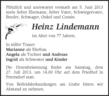 Traueranzeige von Heinz Lindemann von Märkische Oderzeitung