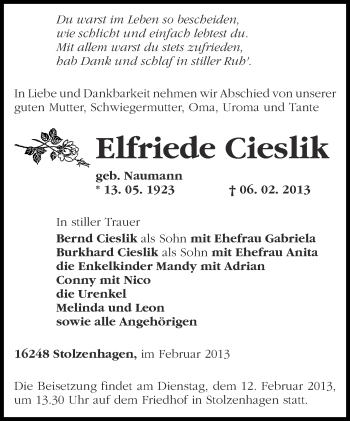 Traueranzeige von Elfriede Cieslik von Märkische Oderzeitung