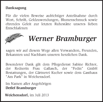 Traueranzeige von Werner Bramburger von Märkische Oderzeitung