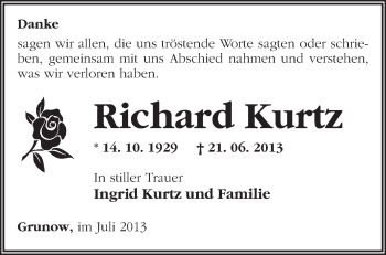 Traueranzeige von Richard Kurtz von Märkische Oderzeitung