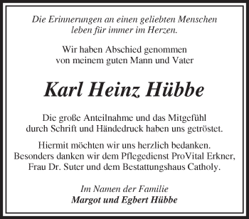 Traueranzeige von Karl Heinz Hübbe von Märkische Oderzeitung