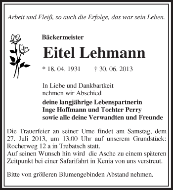 Traueranzeige von Eitel Lehmann von Märkische Oderzeitung