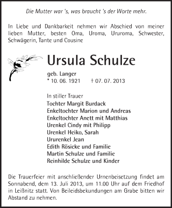 Traueranzeige von Ursula Schulze von Märkische Oderzeitung