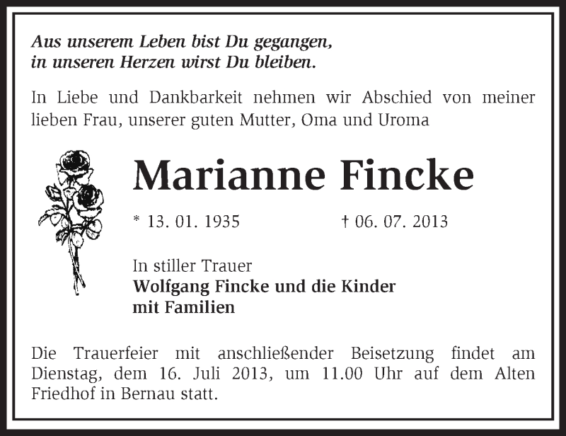  Traueranzeige für Marianne Fincke vom 11.07.2013 aus Märkische Oderzeitung