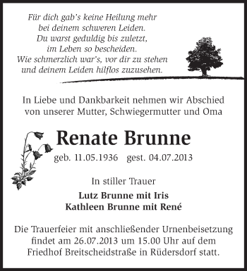 Traueranzeige von Renate Brunne von Märkische Oderzeitung