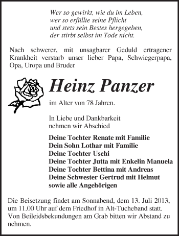 Traueranzeige von Heinz Panzer von Märkische Oderzeitung