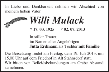 Traueranzeige von Willi Mulack von Märkische Oderzeitung