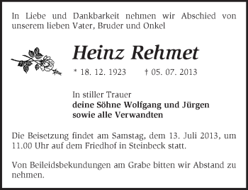 Traueranzeige von Heinz Rehmet von Märkische Oderzeitung