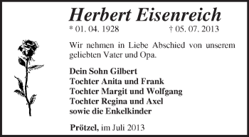 Traueranzeige von Herbert Eisenreich von Märkische Oderzeitung