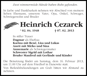 Traueranzeige von Heinrich Cezarek von Märkische Oderzeitung