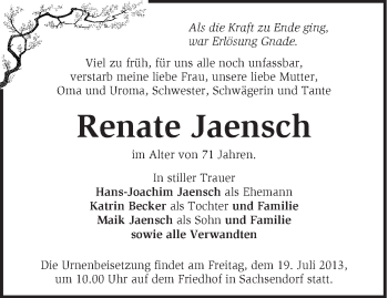 Traueranzeige von Renate Jaensch von Märkische Oderzeitung