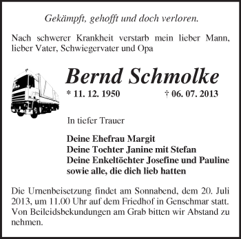 Traueranzeige von Bernd Schmolke von Märkische Oderzeitung