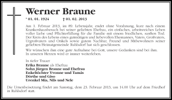 Traueranzeige von Werner Braune von Märkische Oderzeitung