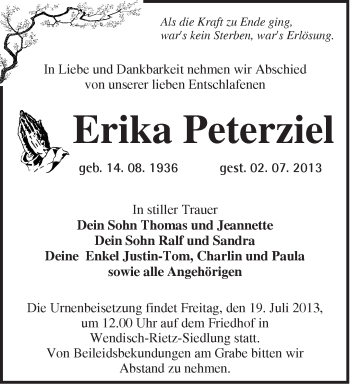 Traueranzeige von Erika Peterziel von Märkische Oderzeitung