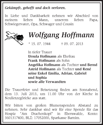 Traueranzeige von Wolfgang Hoffmann von Märkische Oderzeitung