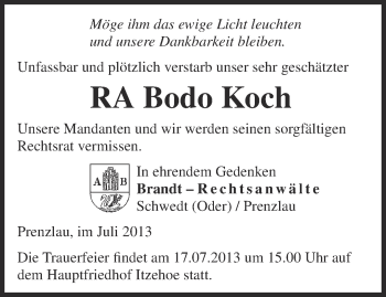 Traueranzeige von Bodo Koch von Märkische Oderzeitung