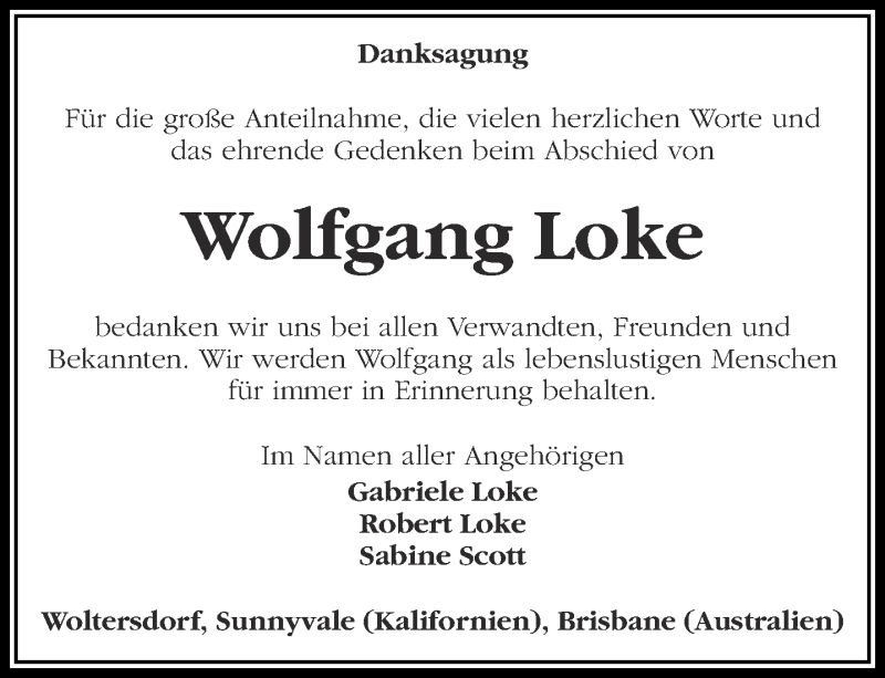  Traueranzeige für Wolfgang Loke vom 16.02.2013 aus Märkische Oderzeitung