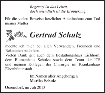 Traueranzeige von Gertrud Schulz von Märkische Oderzeitung