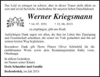 Traueranzeige von Werner Kriegsmann von Märkische Oderzeitung