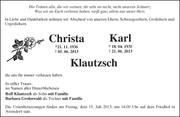 Traueranzeige von Christa und Karl Klautzsch von Märkische Oderzeitung