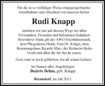 Traueranzeige von Rudi Knapp von Märkische Oderzeitung