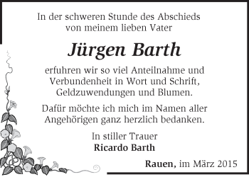 Traueranzeige von Jürgen Barth von Märkische Oderzeitung