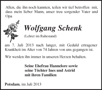 Traueranzeige von Wolfgang Schenk von Märkische Oderzeitung