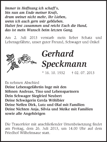 Traueranzeige von Gerhard Speckmann von Märkische Oderzeitung